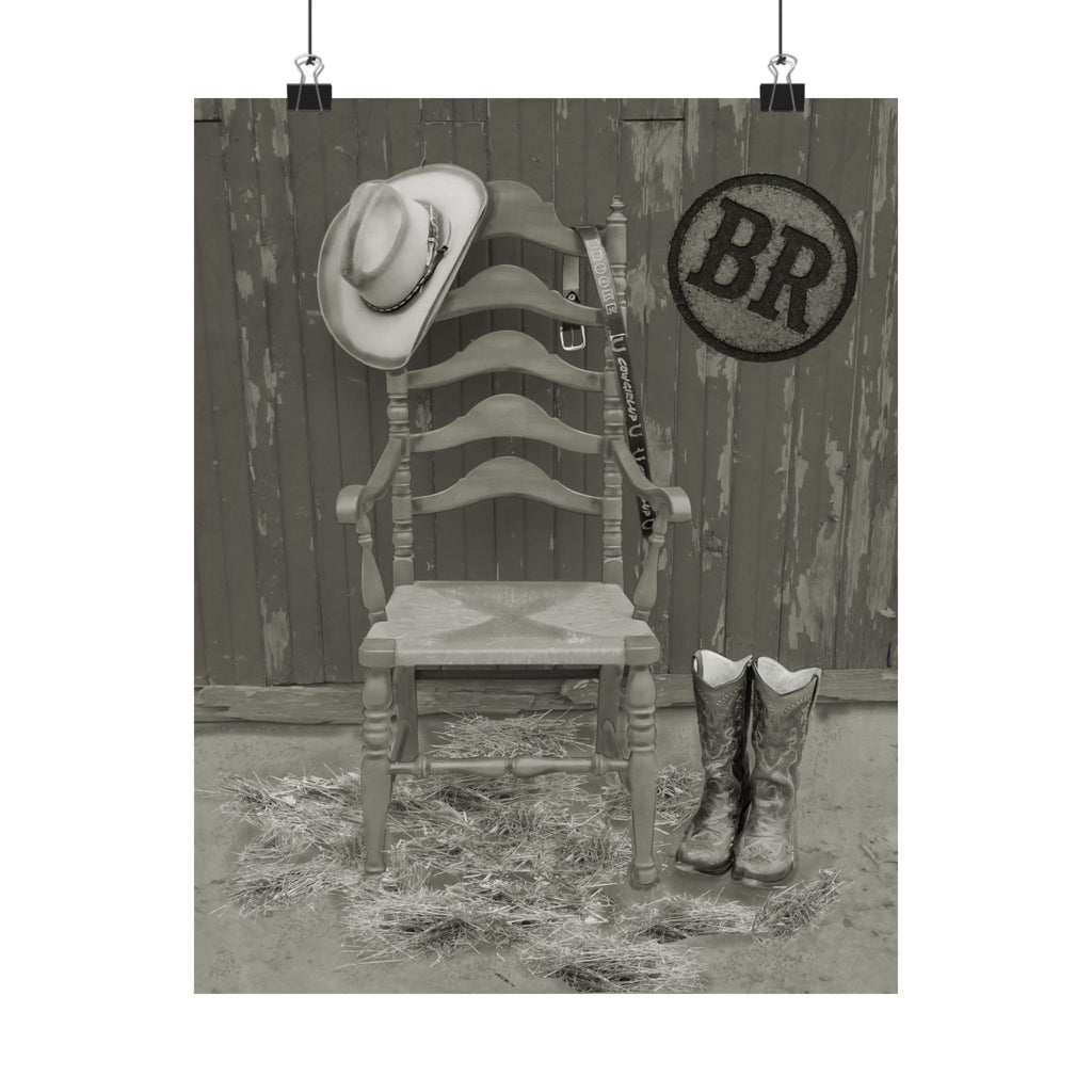 Brooke Birthday B&W, Western Chair with Cowboy Hat and Boots Satin Poster | Rustic Ranch Wall Art