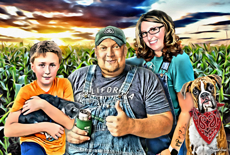 Family in a cornfield with their dog and a cat